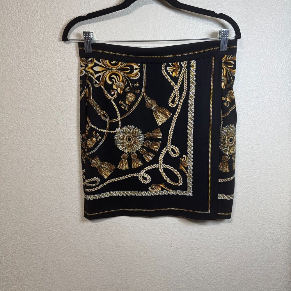 Vintage Cache Faux Wrap Mini Skirt Size 4 Retro Y2k Tassel Rope Print Baroque